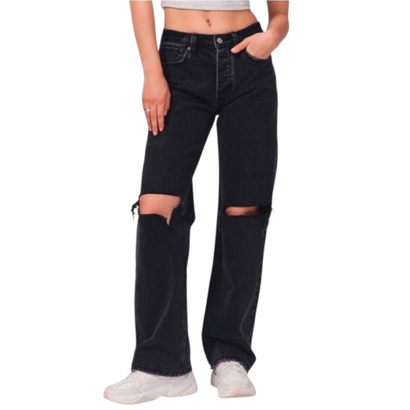 A&F 26x31 Curve Love '90s Baggy Low Rise Jean Ripped Black Abercrombie & Fitch - Picture 1 of 10